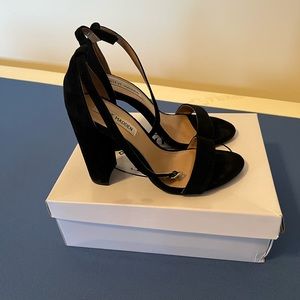 Black suede Steve Madden heels with ankle strap and 4 inch heel